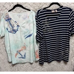 Chico's XL Top Women Sz 3 Blue Nautical Short Sleeve Vacation Cruise Bundle of 2
